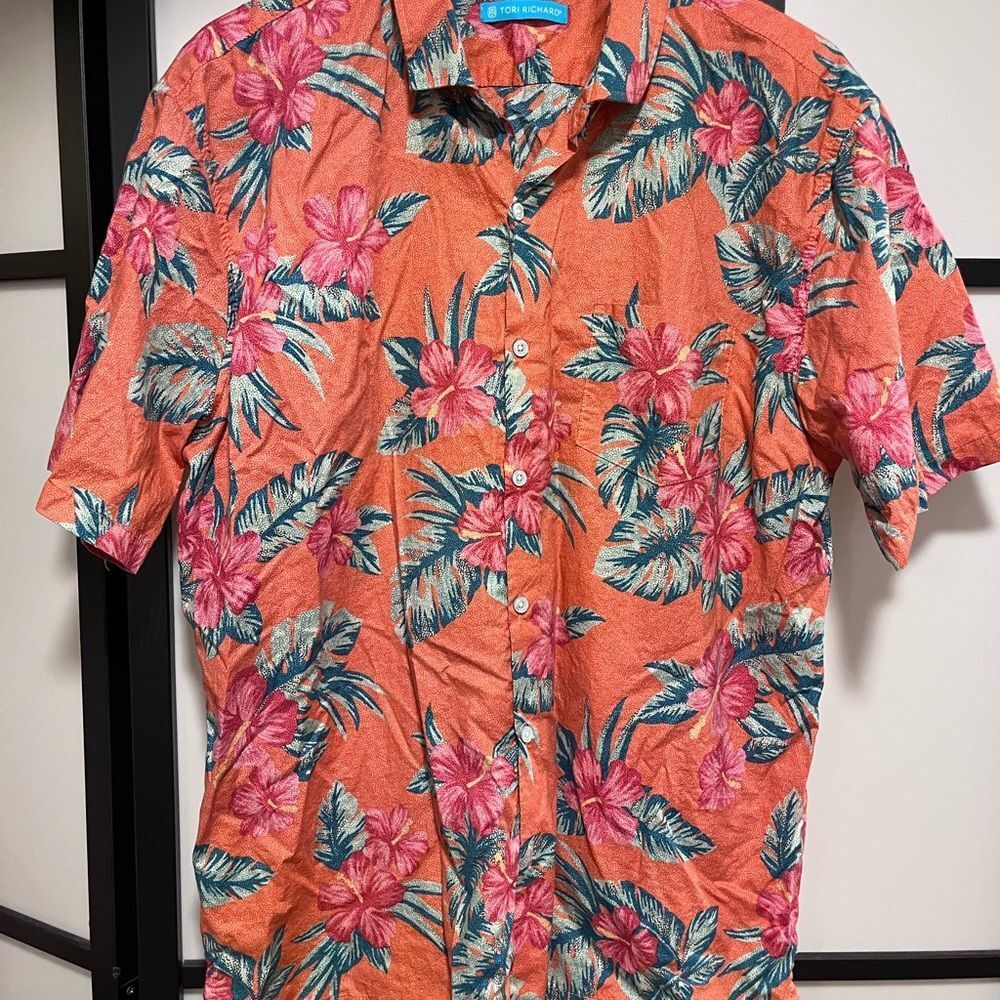 Tori Richard Hawaiian Tropical Casual Button Down Shirt Peach  Mens Size XL